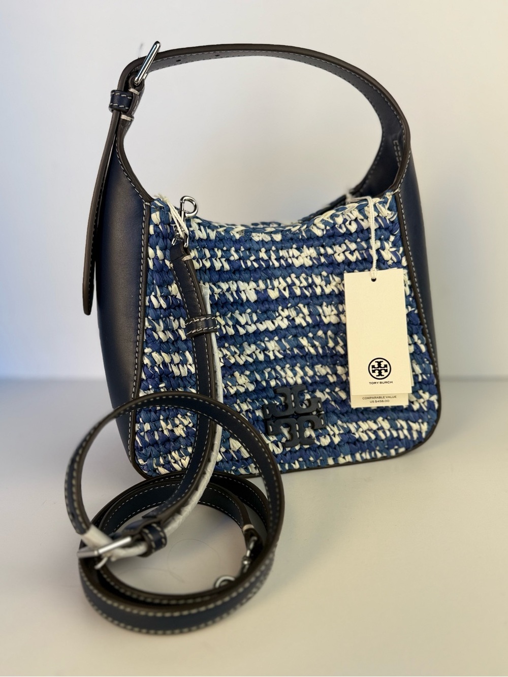 Tory Burch Thea Straw Small Bucket Bag Blue Melange Woven Raffia $458 - Picture 9 of 16
